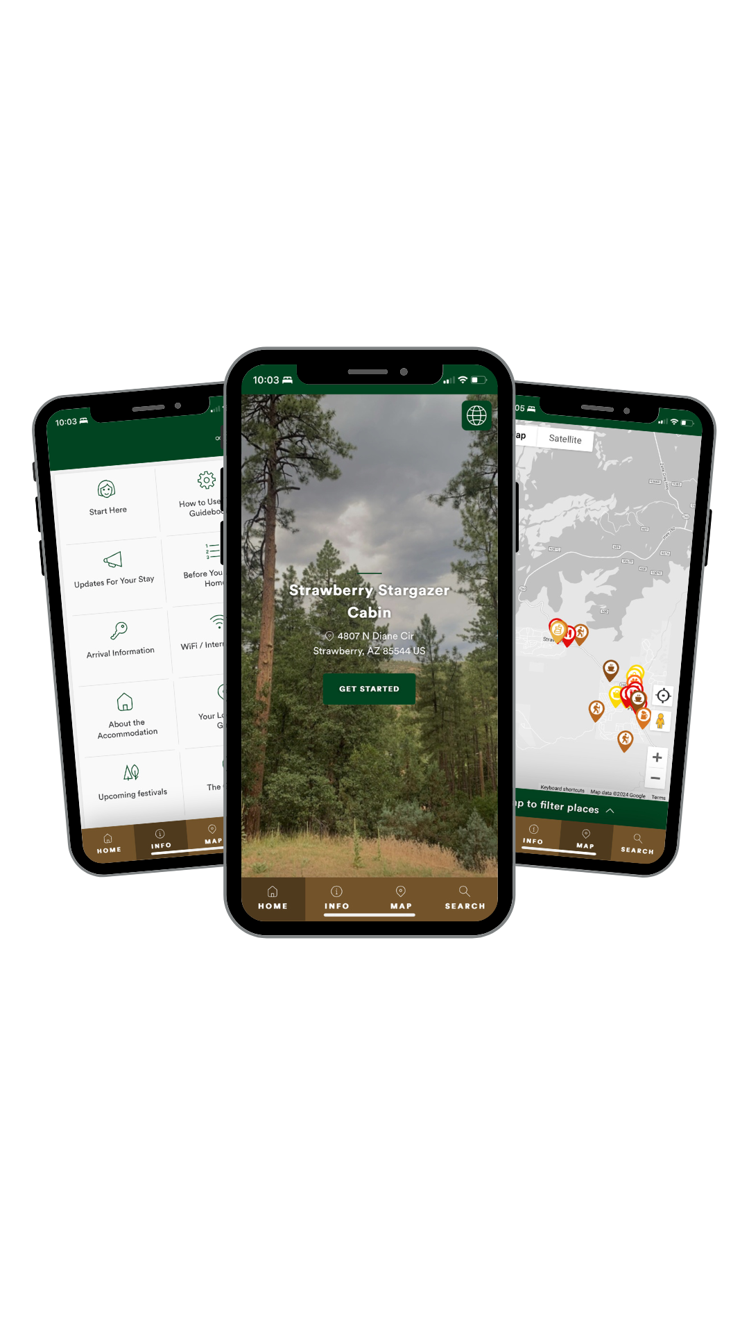 mobile phones with different views of Touchstay digital guidebooks with different views of the platform on each display